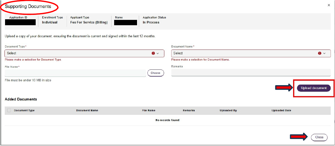 PSP Supporting Documents: choose document type and name, attach the file and select Upload document