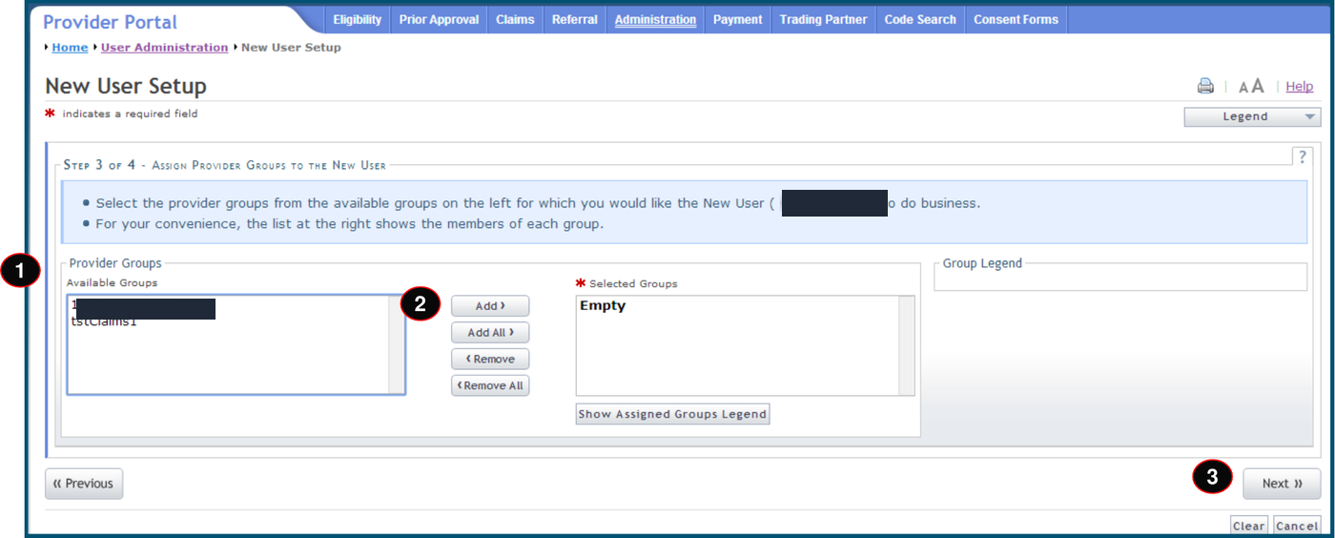 NCTracks Assign Provider Groups with Available Groups, Add, Selected Groups and Next