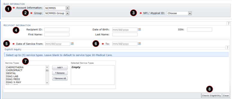 NCTracks Verify Recipient with account, group, NPI, member identifiers, service dates, service types and Check Eligibility