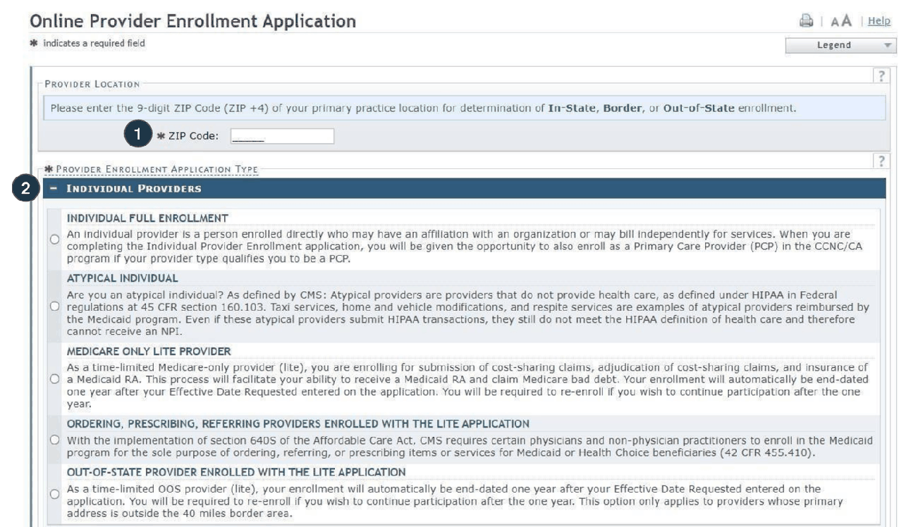 NCTracks Online Provider Enrollment Application with service-location ZIP and Individual Providers application-type choices