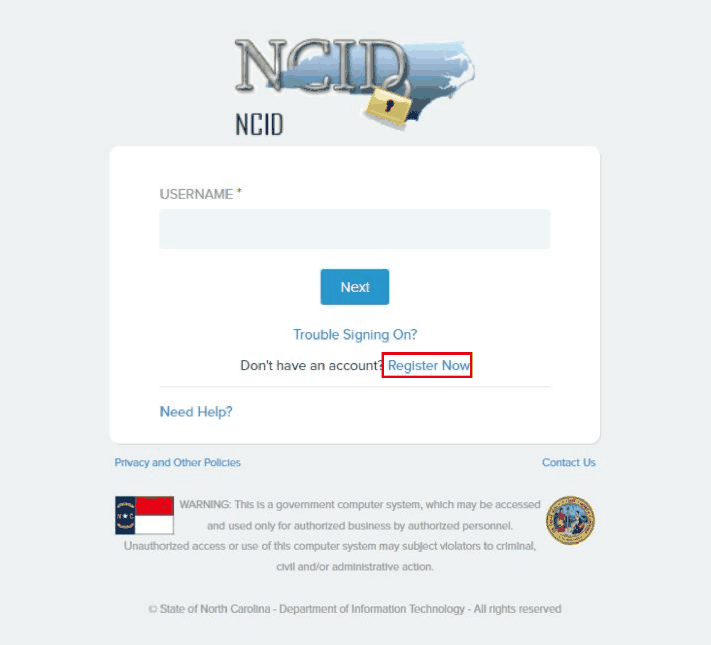 NCID sign-in with Username, Next, Trouble Signing On and Register Now