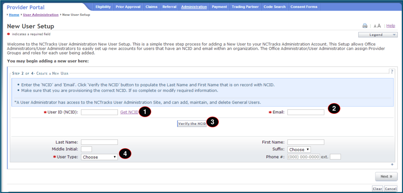 NCTracks New User Setup with User ID (NCID), Email, Verify the NCID and User Type