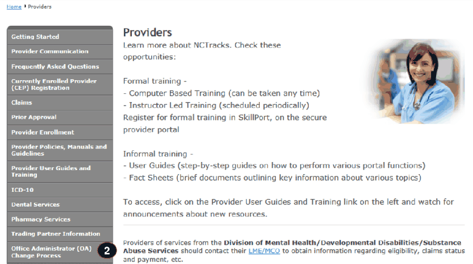 NCTracks Providers page with Office Administrator (OA) Change Process in the left navigation