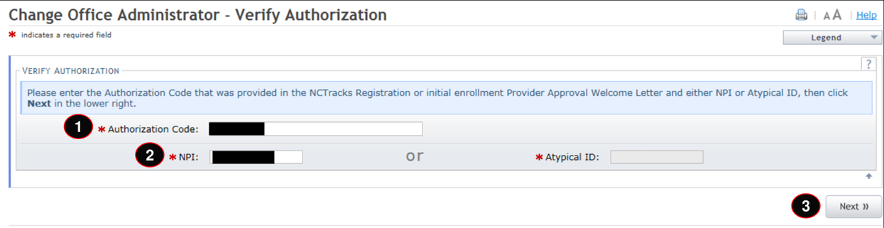 NCTracks Change Office Administrator authorization check with Authorization Code, NPI, Atypical ID and Next; sample values are masked