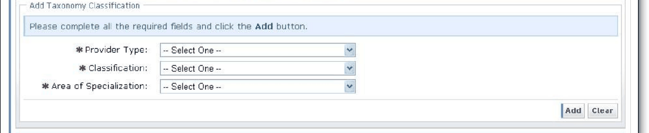 NCTracks Add Taxonomy Classification controls for Provider Type, Classification, Area of Specialization and Add; choose entries matching the applicant
