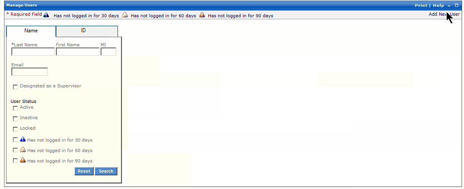 Manage Users with Add New Users, Name and ID tabs, user status options and Search