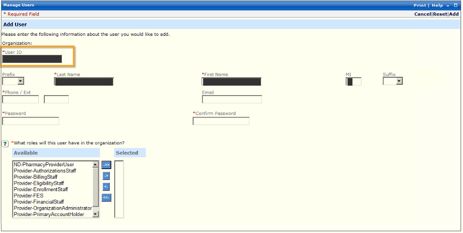 Add User with identity and password fields and Available and Selected role lists including Provider-BillingStaff