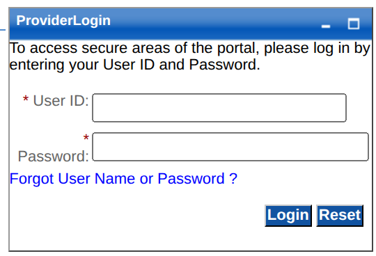 ProviderLogin panel with User ID, Password, Forgot User Name or Password, Login and Reset