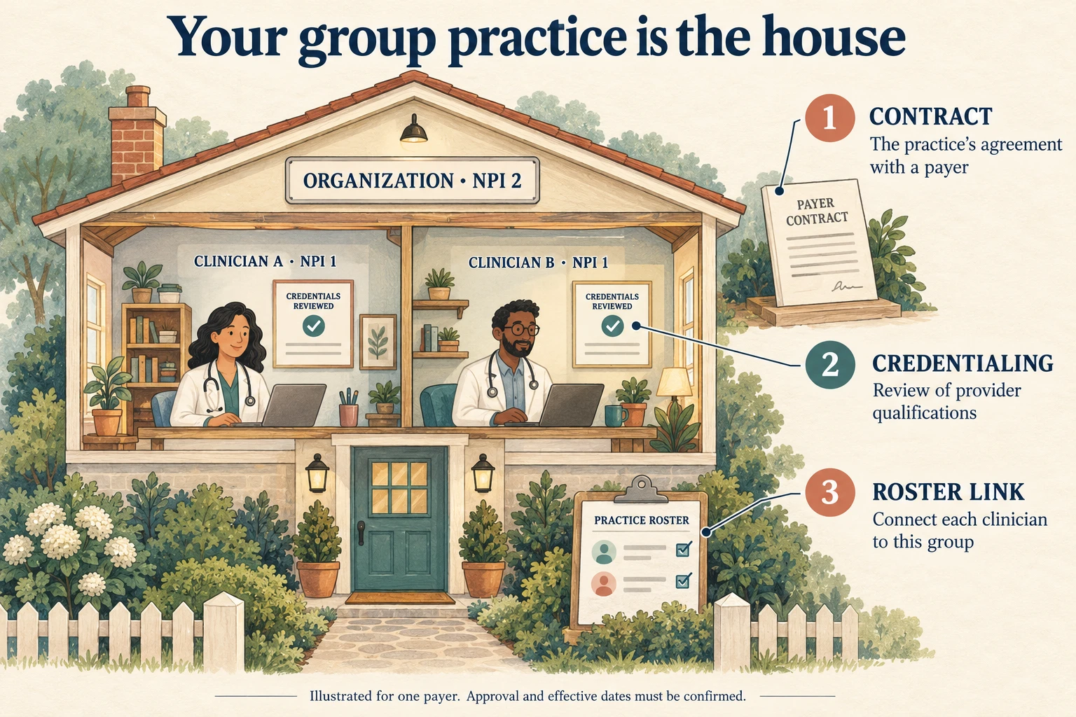 A group practice illustrated as a house identified by an NPI 2, with two clinicians identified by their own NPI 1s. Callouts separate the payer contract, credentialing reviews, and roster links.