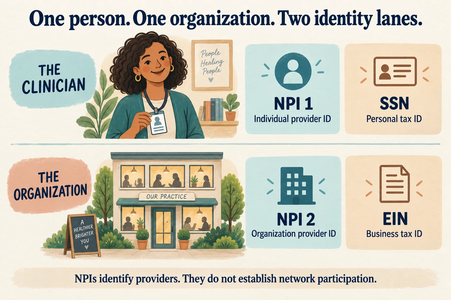 Two identity lanes: an individual clinician with an NPI 1 and personal tax ID, and a healthcare organization with an NPI 2 and business tax ID. NPIs do not establish network participation.