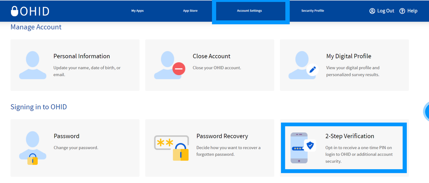 OHID Account Settings page with Password, Password Recovery and 2-Step Verification cards.