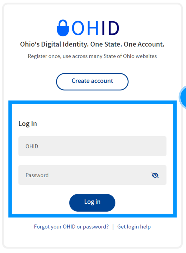 OHID Log In form with OHID and Password fields, Log in, Create account, Forgot your OHID or password, and Get login help.