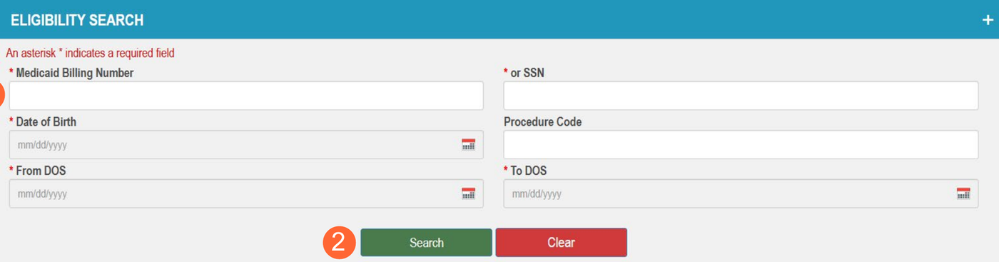 Eligibility Search with Medicaid Billing Number or SSN, Date of Birth, Procedure Code, From DOS, To DOS, Search and Clear controls.