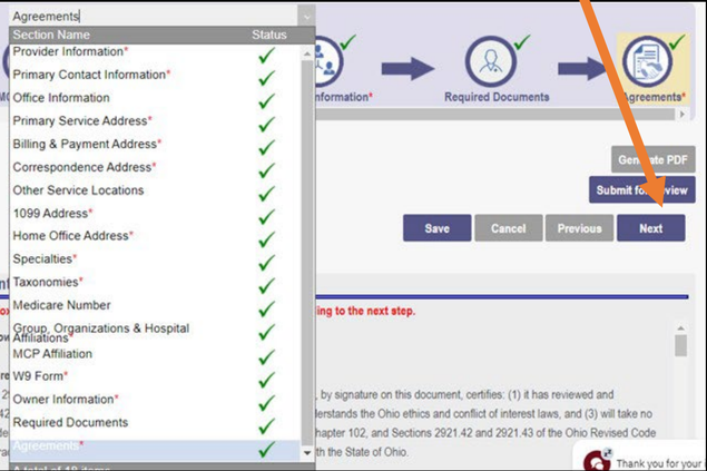 PNM application section list with green completion checkmarks, Submit for Review and Next controls.