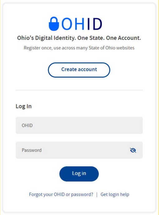 OH|ID sign-in form with Create account, username and password, and account recovery links.