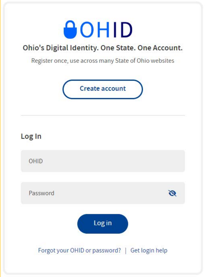 OHID sign-in screen with Create account, login fields and password recovery options