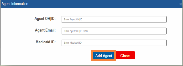 PNM Agent Information dialog with Agent OHID, associated email and Medicaid ID fields and Add Agent