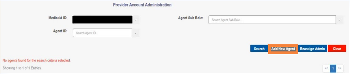 PNM Account Administration with the selected Medicaid ID, Search and Add New Agent controls.
