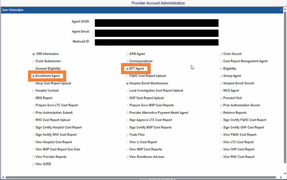 PNM Agent action checkboxes including Claim Search, Claim Submission, Eligibility, Enrollment Agent and EFT Agent.