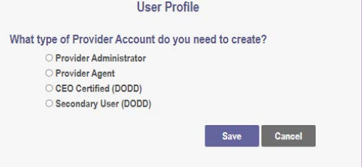 PNM User Profile screen with Provider Administrator, Provider Agent and DODD role options and Save