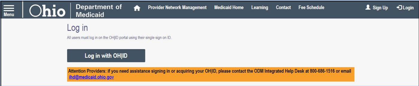 Ohio PNM login page with Log in with OH|ID.