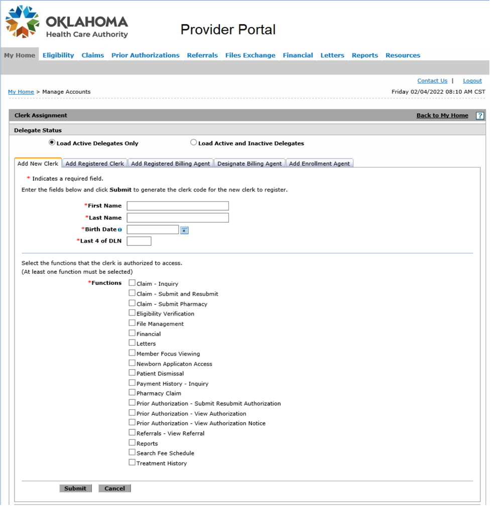 Add New Clerk form with first name, last name, birth date, driver license digits, functions and Submit