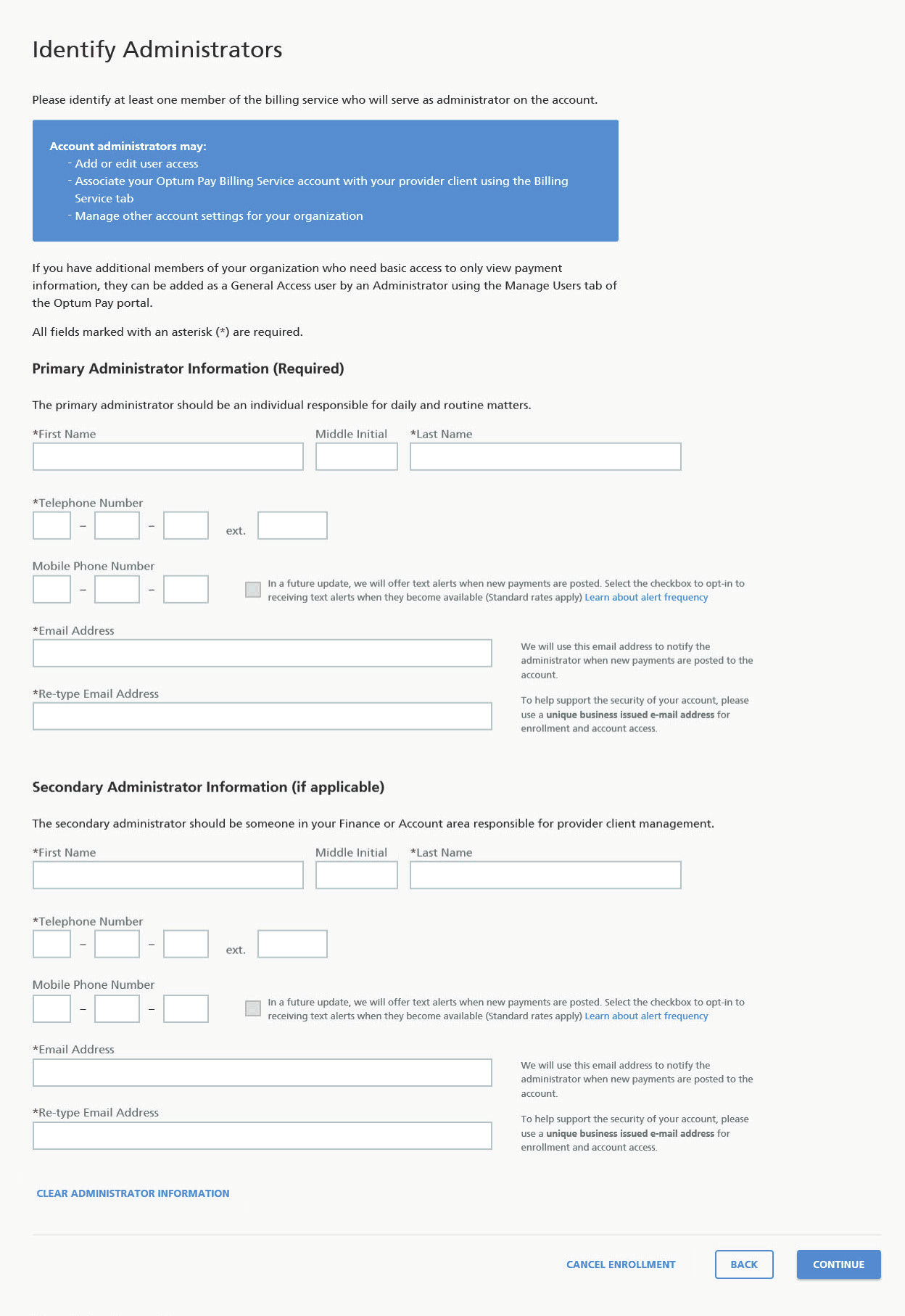 Optum Pay billing-service Identify Administrators form with separate primary and secondary contact fields