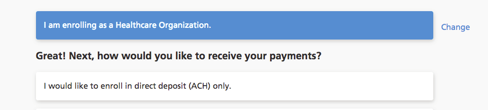 Optum Pay enrollment payment choice with direct deposit ACH only indicated