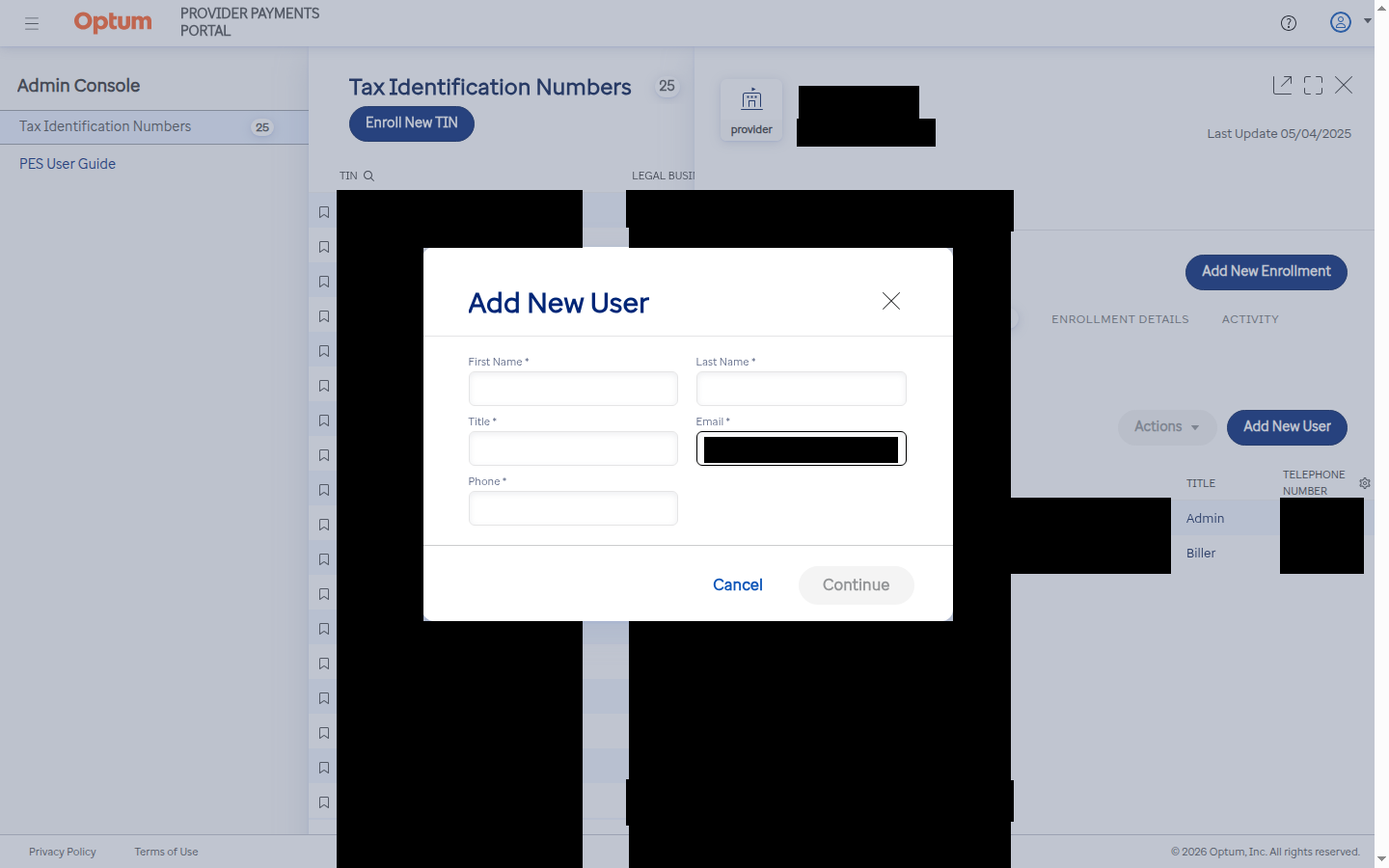 Redacted PES Add New User form with fields for first name, last name, title, email, and phone