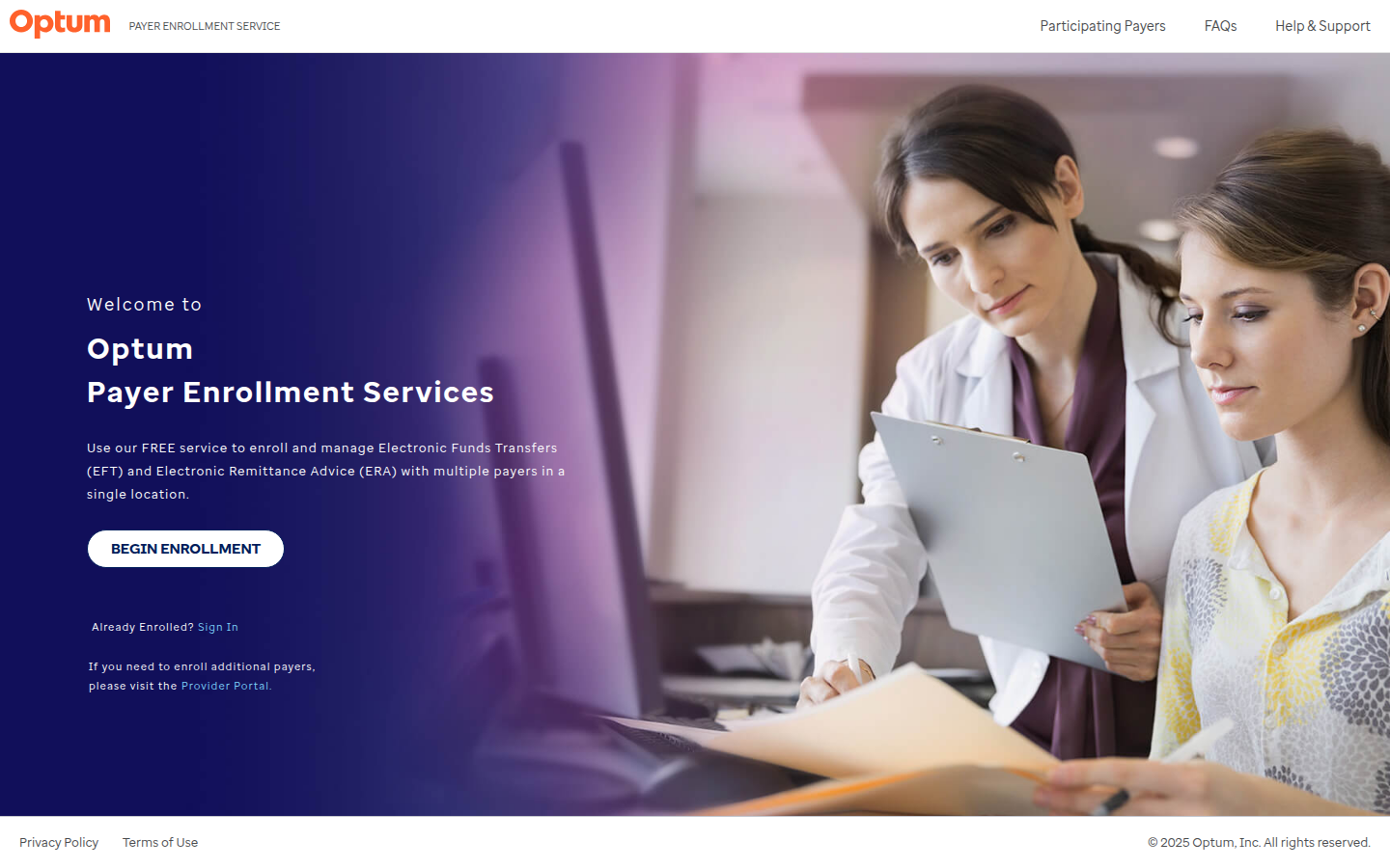 Optum Payer Enrollment Services landing page with the Sign In link for enrolled practices
