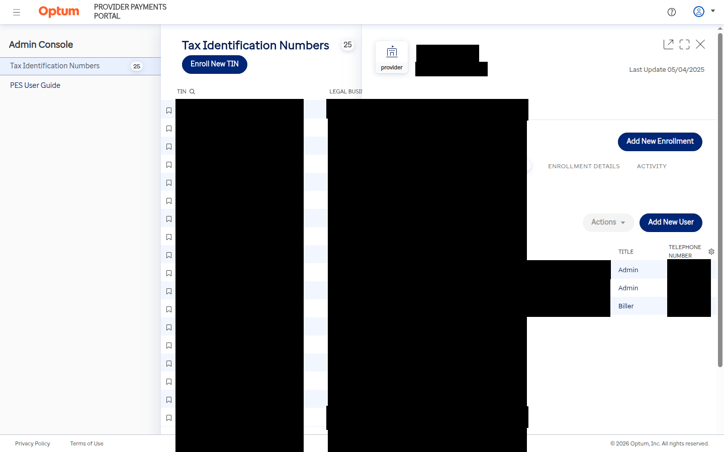 Redacted PES provider record with Add New User button, two Admin rows and a Biller row
