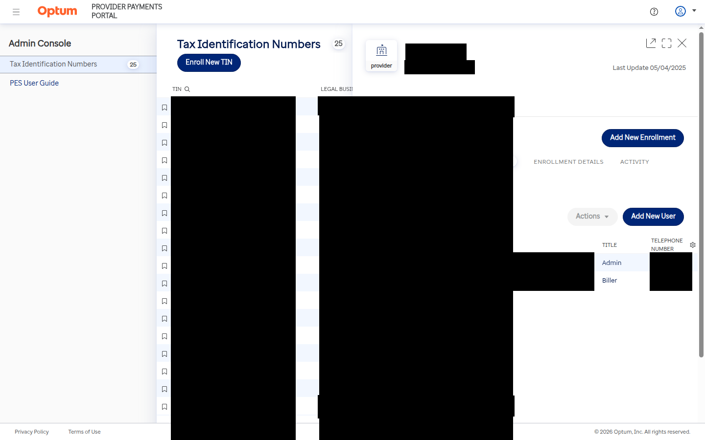 Redacted PES provider record with Add New User button and Admin and Biller rows