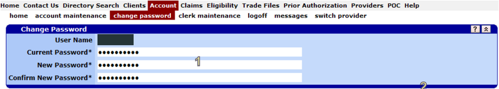 Account Change Password form with current, new and confirm-new password fields; example username covered