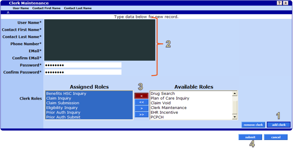 Clerk Maintenance with add clerk, assigned and available roles, and submit; example identity covered