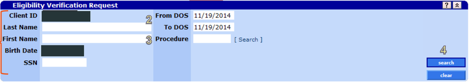 Eligibility Verification Request with member fields, service dates and search; sample identifiers covered