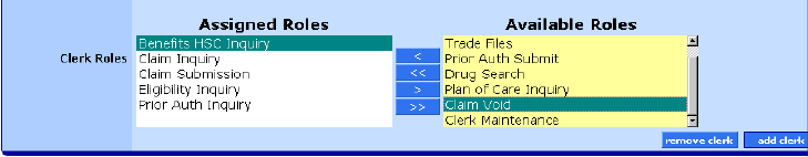 Oregon MMIS Clerk Roles with Available Roles and Assigned Roles panels and transfer arrows for user permissions