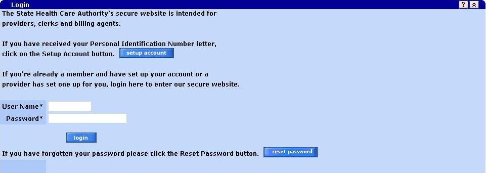 MMIS username and password login panel with setup account and reset password buttons