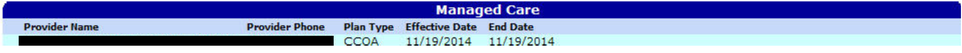 Managed Care row with Plan Type, Effective Date and End Date; provider name and phone solid-masked, historical example only