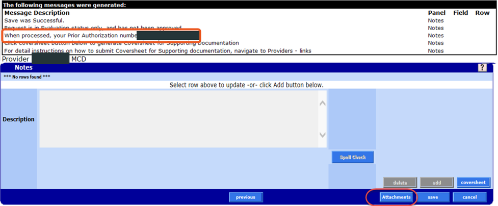 Prior Authorization save message and Attachments button; example PA and provider identifiers covered
