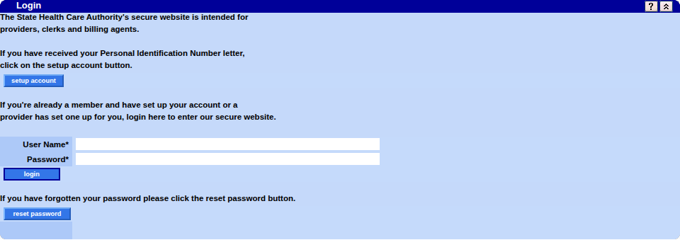 Oregon MMIS Login panel with User Name, Password, login, setup account and reset password