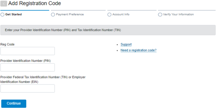 Add Registration Code fields for the payer’s registration code, PIN and TIN