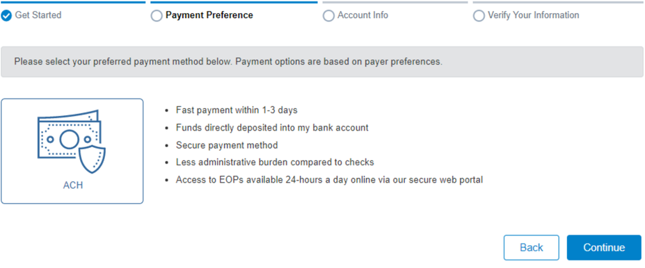 Payment Preference with the ACH direct-deposit option