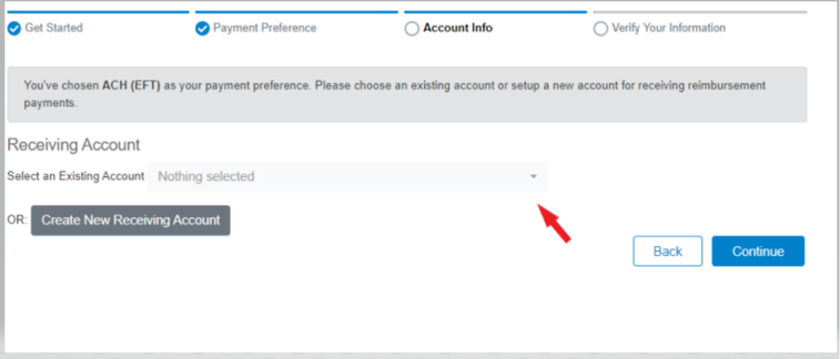 Receiving Account selector and Create New Receiving Account option