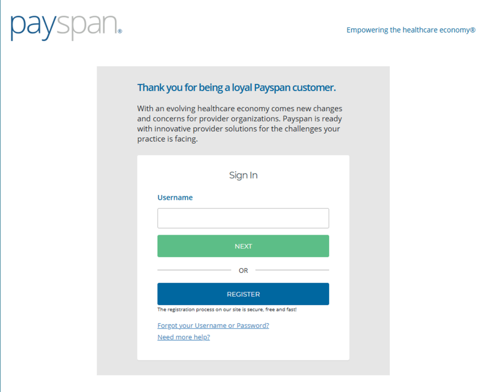 Payspan Sign In username field, Next, Register and recovery links