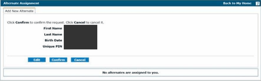 Add New Alternate confirmation with Edit, Confirm and Cancel