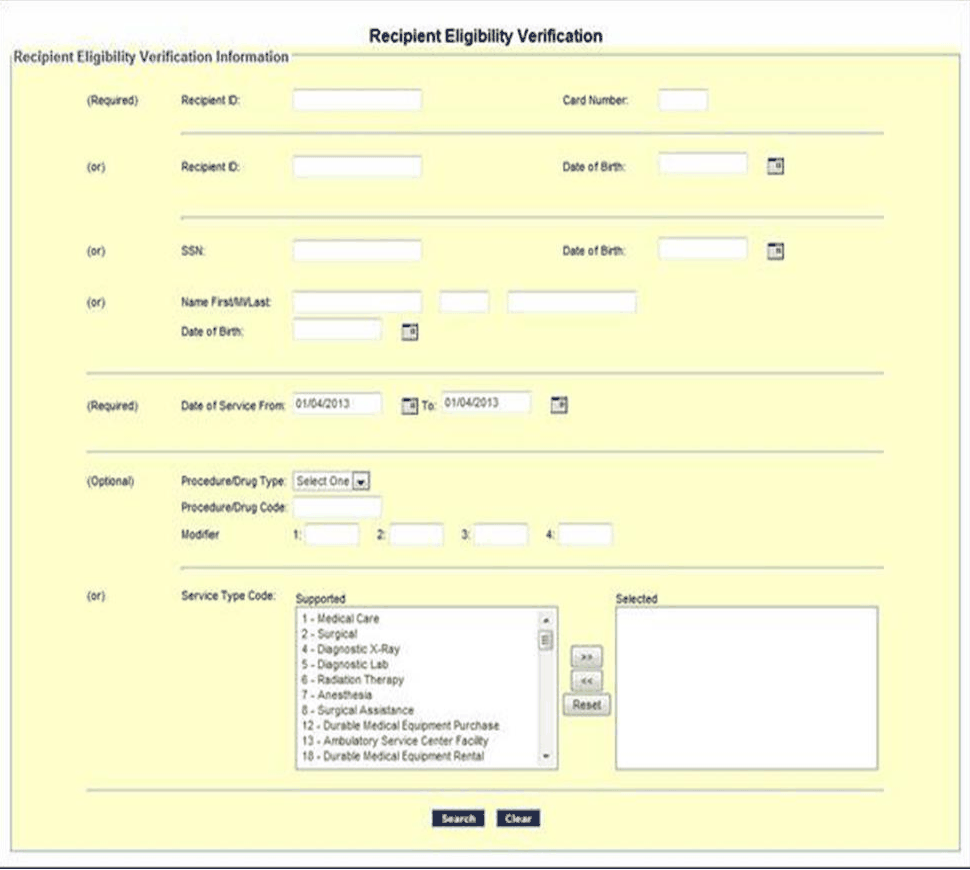 Recipient Eligibility Verification search with identity options, service-date range and Search