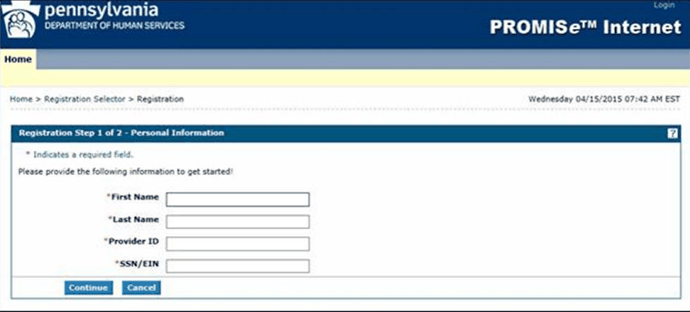 Provider registration personal information with provider ID, SSN/EIN and Continue