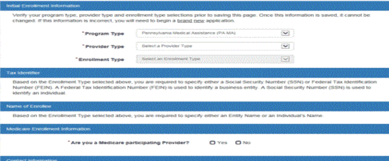 Request Information page with Program Type, Provider Type and Enrollment Type selectors