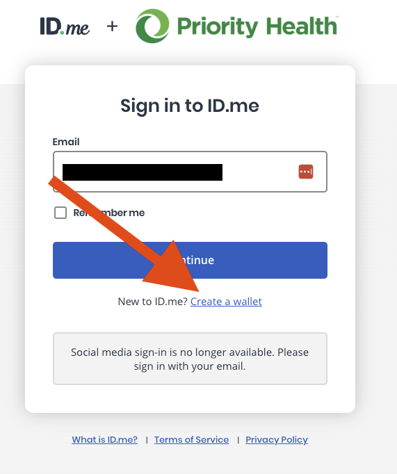 ID.me sign-in screen with the Create a wallet link highlighted