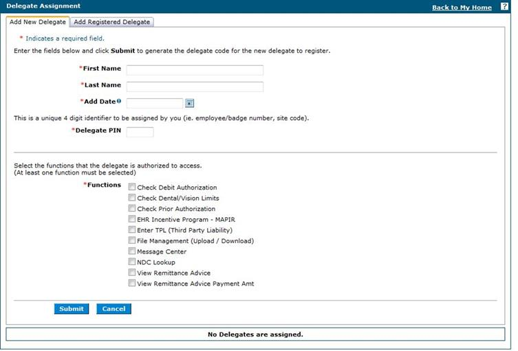 Delegate Assignment with Add New Delegate, Add Registered Delegate, identity fields, Delegate PIN, function checkboxes and Submit